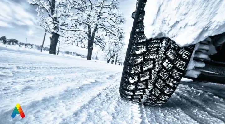 Winterbanden op een besneeuwde baan.